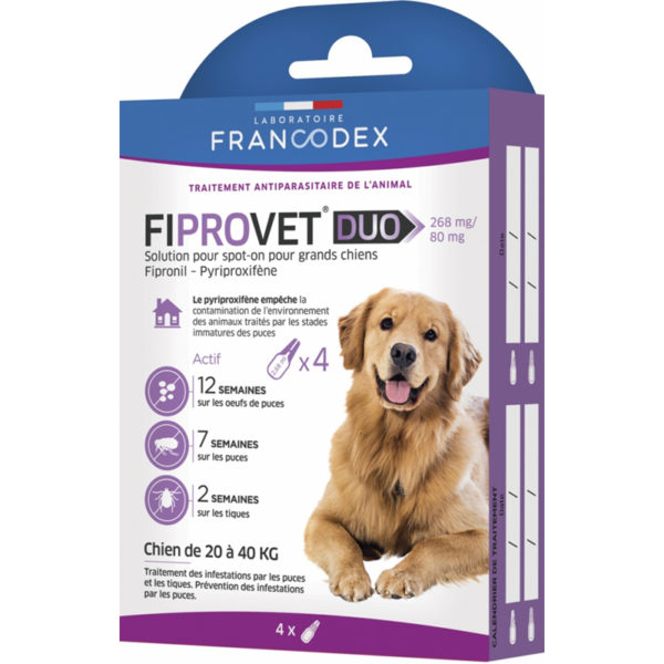 Caractéristiques du Francodex Fiprovet Duo Pipettes Spot-on pour chiens de 20 kg à 40 kg