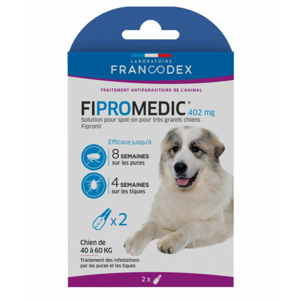 2 Pipettes antiparasitaire de 4.02 ml. Fipromedic 402 mg. Pour très grand chiens de 40 kg à 60 kg.
